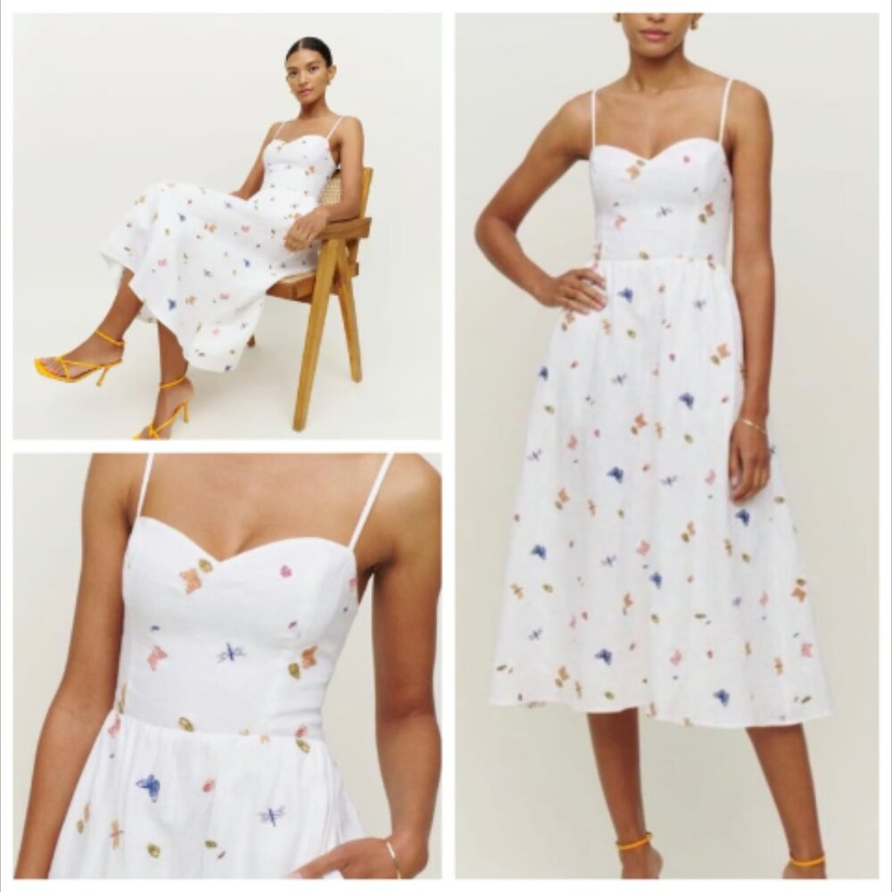 Reformation Zander White Linen Embroidered Ladybug Bug Butterfly Midi Dress